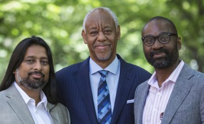 Toorjo Ghose, Calvin Bland, and Dean John L. Jackson, Jr., on Locust Walk.