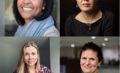 New SP2 faculty, clockwise from left: Tamara Cadet, PhD; Yoosun Park, PhD; Meredith Doherty, PhD; and Milan AbiNader, PhD
