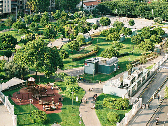 An aerial view of green trees, grass, and a playground bordered by a road and buildings